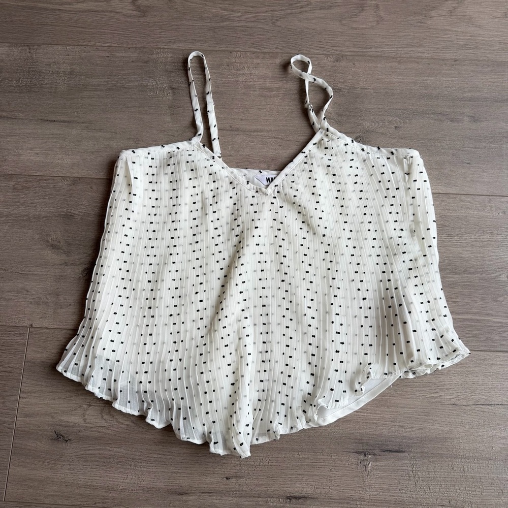 Walter Baker Lyric pleated cami swing top white w/ a black swiss dot pattern